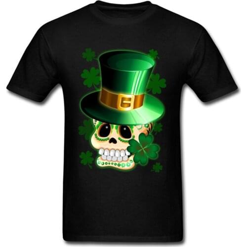2018 St Patrick Skull Cartoon Tees Shirts For Male Green Clover Black Mens Novelty T-shirt Short Sleeve Birthday Tops
