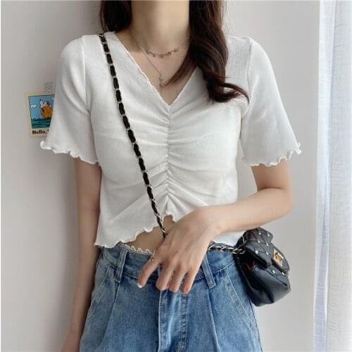Summer Solid V-neck Knitted T-shirt Women Short Sleeve Fashion Kawaii Slim Pleated Short Top Female