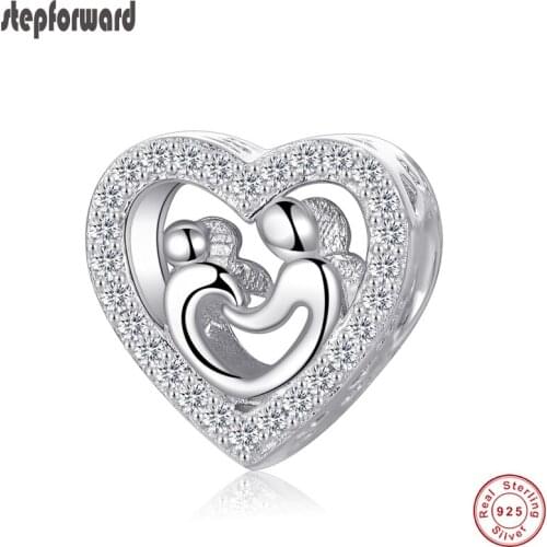 Good Quality Classic Love Forever Theme CZ Paved 925 Real Silver Mother And Baby Heart Charm Fit Bracelet And Necklace