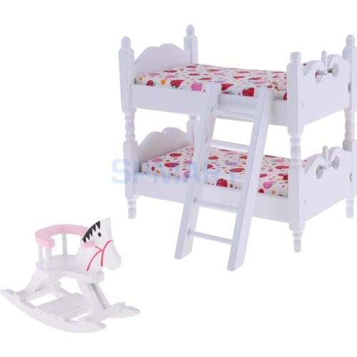 European Style 1/12 Dollhouse Miniature Wooden Furniture Children Bunk Bed & Rocking Horse Cockhorse Model