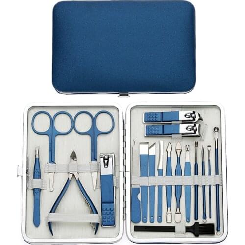 New Nail Clipper Set Pedicure Kit 20PCS Stainless Steel Professional Manicure Set For Men & Women with Blue Leather Travel Case