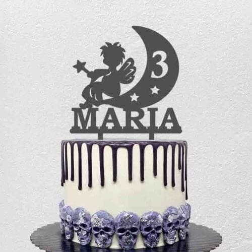 Personalized Kids Birthday Cake Topper Custom Name Age Angel Sitting on the Moon For Birthday Party Cake Decoration Topper