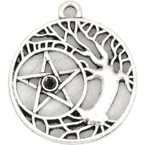 DoreenBeads Fashion Zinc Based Alloy Pendants Round Silver Color Pentagram Star Feather Knot Hollow Jewelry DIY Charms, 10 PCs