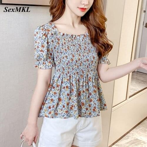 Casual Sweet Summer Blouses Womens 2021 Vintage Puff Sleeve Corset Top Blouse French Floral Printed y2k Bustier Chiffon Shirts