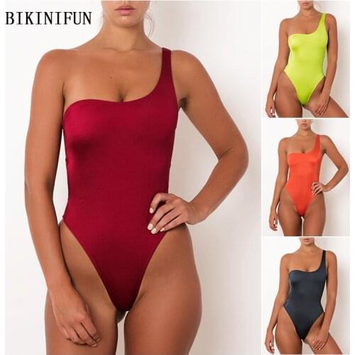 2020 Sexy Single Shoulder Monokini Women Solid Color Swimsuit Backless Bathing Suit S-XL Girl High Cut Back One Piece Swimwear