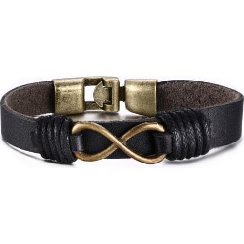 Vintage Men Bracelet Black Genuine Leather Retro Alloy Clasp Charm Bracelets B00161