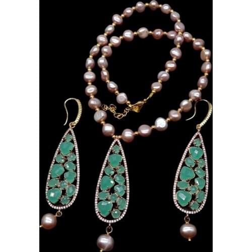 YYGEM Natural Cultured Purple Potato Freshwater Pearl Bezel Set Green Cat Eye Pendant Necklace Earrings Set