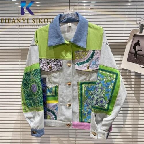 Jeans Jacket Women Streetwear 2021 New Pocket Lapel Fashion Print Spliced Denim Jackets Female Spring Autumn Loose Jeans Coat