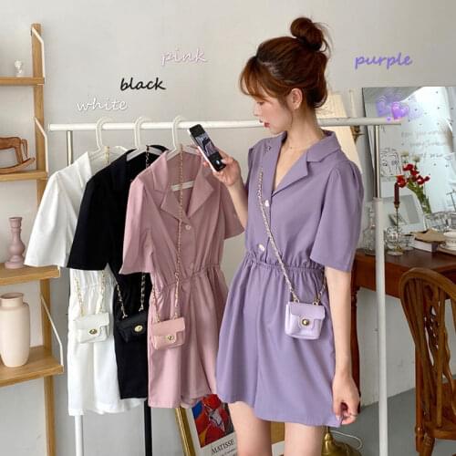 Suit Collar Purple Playsuit Pants 2020 Summer High Waist Casual Pants Women Loose Straight Leg Shorts