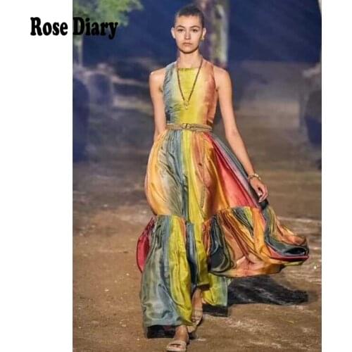 RoseDiary Fashion Runway Design Women Party Dress New Summer Rainbow Color Gradual Change Sleeveless Sexy Backless Maxi Dress