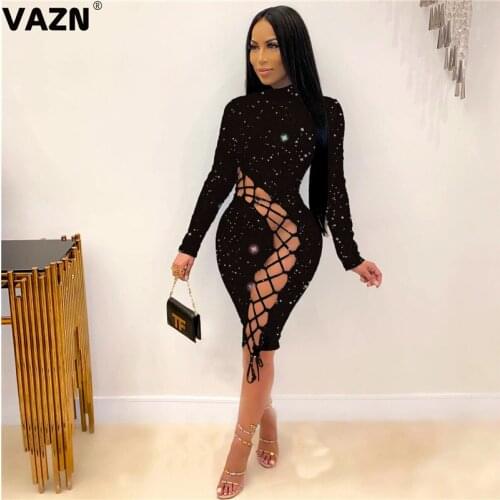 VAZN New Sequins Glitter Hole Out O-neck Elegant Fashion Chic Ladies Slim Holiday Shinny Dress 2020 Full Sleeve Lady Mini Dress