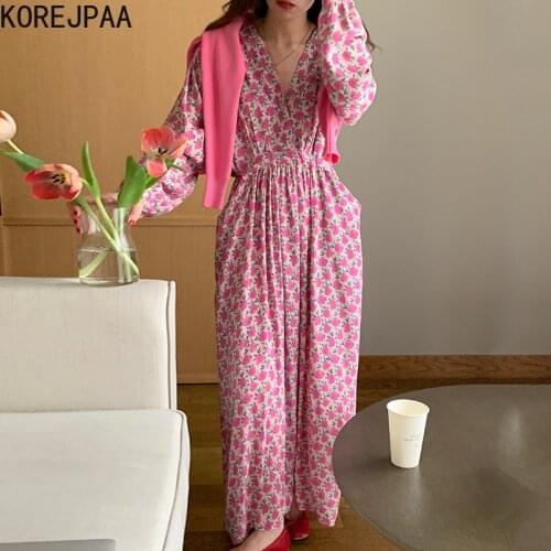 Korejpaa Women Dress 2021 Summer Korean Chic Gentle Sweet V-Neck Full-Screen Flower Design Lace-Up Waist Long-Sleeved Vestidos