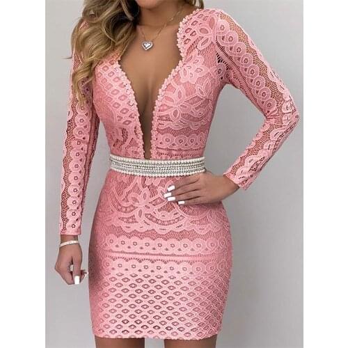 2019 Autumn Long Sleeve Plunge V-neck Sexy Night Club Party Dress Women Plunge Mesh Lace Bodycon Dress
