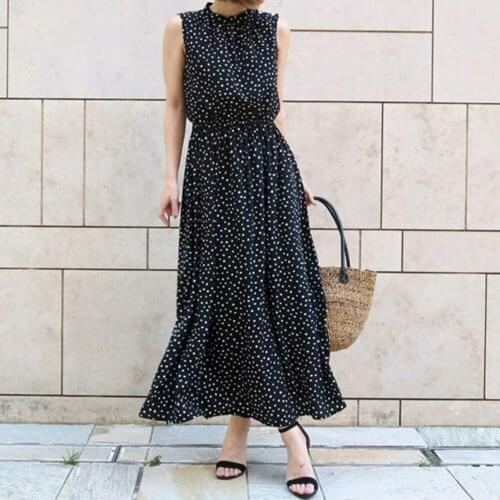 Women Fashion Dress Vintage Long Skirt Polks Dots Print Summer Sleeveless Chic Maxi Dress Casual Round Neck Ladies Pullover