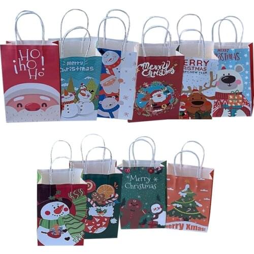 10pcs 21x13x8cm Merry Christmas Gift Bag With Handle Decoration Kraft Paper Bag Lovely Christmas Tree Santa Claus Paper Bag