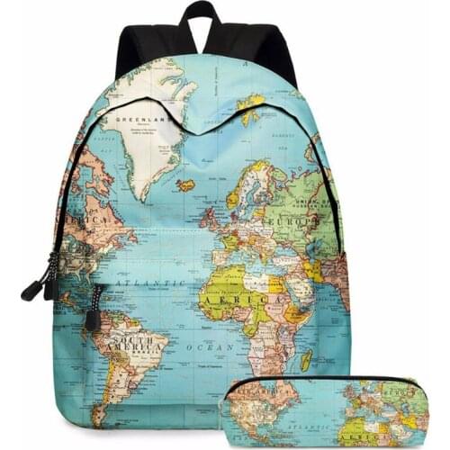 2pcs World Map Printing Backpack Laptop Daypack Bookbag with Pencil Case Set