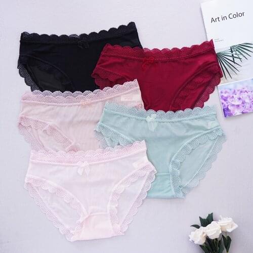 Sexy Lace Transparent Underwear Women Crotch Cotton Briefs with Bow Low-waist Hollow Out Panties Sex Female Lingerie Cute 3pcs