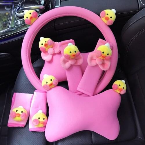 Cartoon Lovely Red Duck Safety Shoulder Protection With Cover Rearview Mirror Cover Shift Handbrake Cover Female Car Interior
