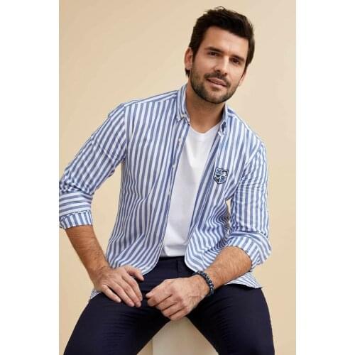 DeFacto Mens White Striped Modern Fit Summer Season Cute Quality 2021 Fashion 100% Cotton Mens Shirt