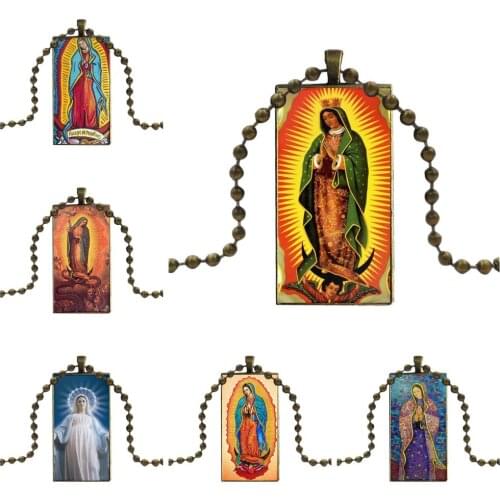 For Women Bronze Color Glass Cabochon With Rectangle Shaped Pendant Choker Necklace Christian Mom Ever Virgin Mary Baby Jesus