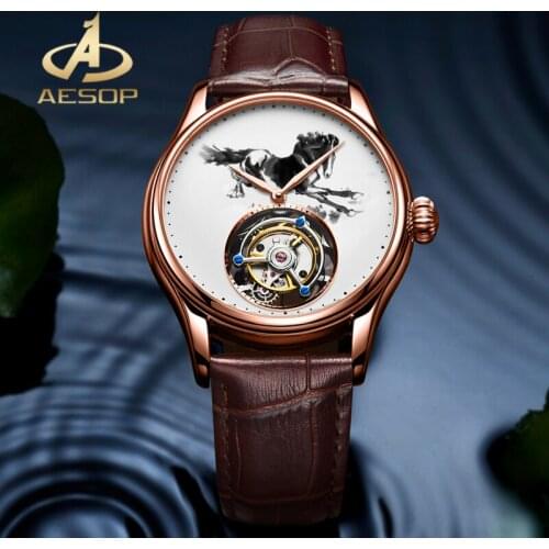 AESOP Ink Painting Horse Dial Men Watch 100% Real Tourbillon Mechanical Watch Double-Sided Sapphire Glass Watch