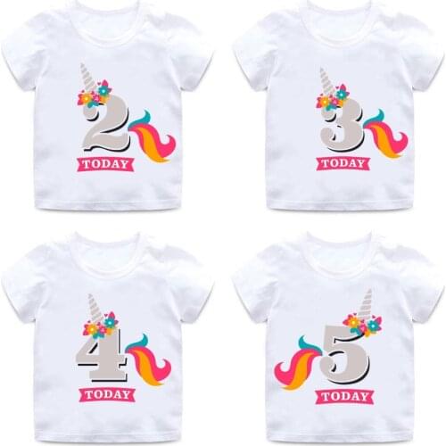 Girls Birthday Unicorn Number 1-9 Bow Cute Print T shirt Baby Summer White T-shirt Kids Funny Birthday Present Clothes