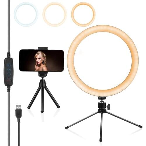Ring Light 10" with Tripod Stand & Phone Holder for iPhone,Android Dimmable Desktop LED Makeup Ring Light for Studio,Photography