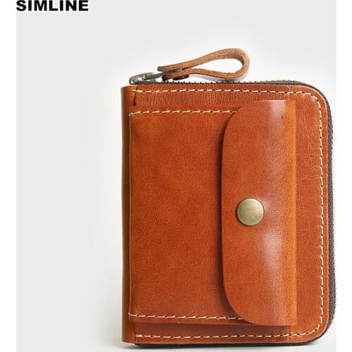 SIMLINE Genuine Leather Wallet For Men Male Vintage Handmade Short Zipper Wallets Purse Card Holder With Coin Pocket Money Bag