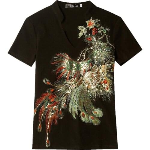 Summer new fashion T-shirt Embroidered sequins V-neck short-sleeved T-shirt women