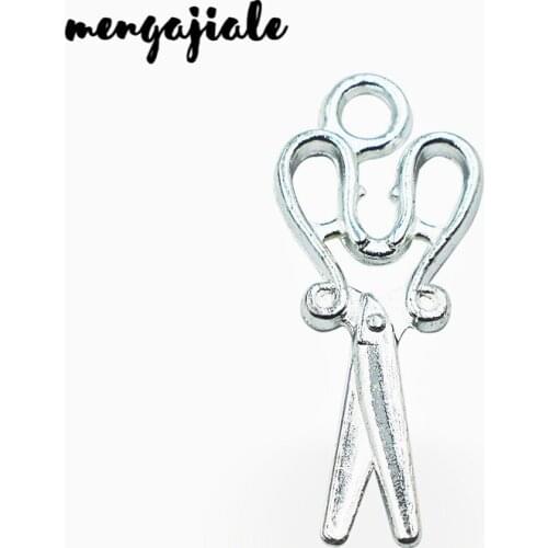 MENGJIALE Hot sell 25pcs/lot Metal bright silver charms scissors charms pendant fit necklace jewelry findings 18.5*12mm