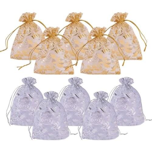 100PCS Solid Color Rectangle Rose Printed Organza Bags Gift Pouches for Wedding Favour Party Christmas Present Decor Supplies