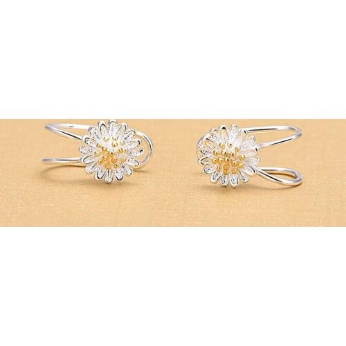 Fashion 925 Sterling Silver Beautiful Daisy Flower Clip Earrings On Ear For Women Silver Jewelry Earrings