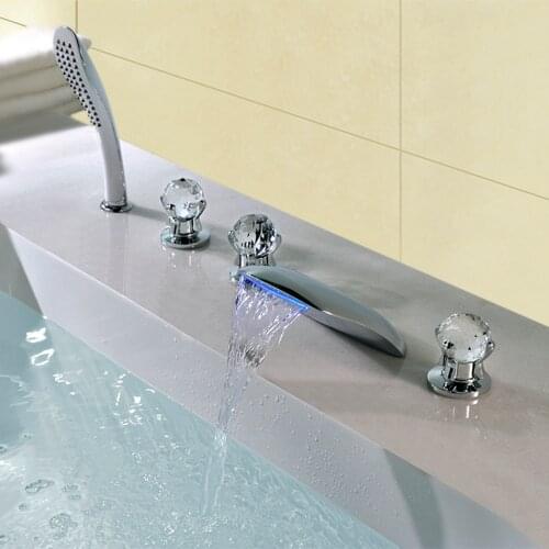 MTTUZK Crystal handle Bathtub Waterfall Faucet Bath Tub Mixer with Hand Shower 3 handle 5 hole Tub Faucet With LED