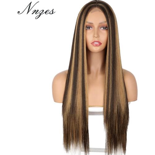 NNZES 24&30inches Long Straight Wig Mixed Dark Brown and Blonde Color Synthetic Wigs for Black Women Middle Part Wig