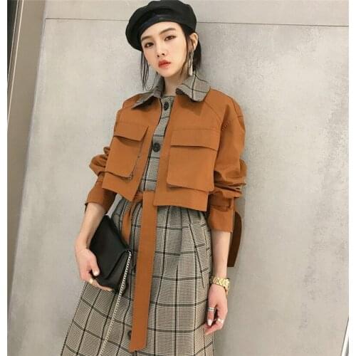 New Womens Two-piece Suit 2020 Spring Autumn Dress lapel retro check Windbreaker Jacket ladies Coats Tops M715
