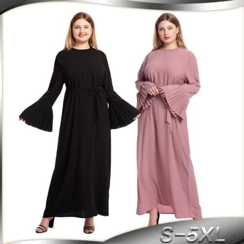 Pleated design flare muslim Robes syari female full length Gowns Tunic Jubah Ramadan Prayer abaya scarf with belt wq1794 factory