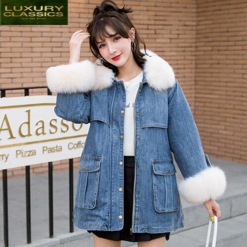 Womens Down Jacket Winter Autumn Large Fur Collar Jeans Coat Female Korean Warm Duck Down Jacket Vintage Thick Top 19612