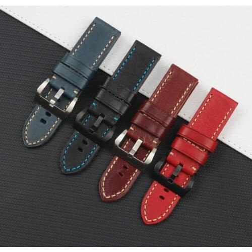 22mm 24mm 26mm watch band thick vintage Genuine real cow Leather Watchband Handmade Mens For Panerai strap Man needle buckle