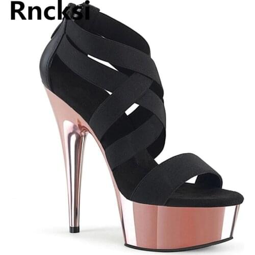 Rncksi Summer Spring Electroplating Ankle Straps Women Pole Dance Shoes Night Club Party Sandals 15cm High Heels Platform Shoes