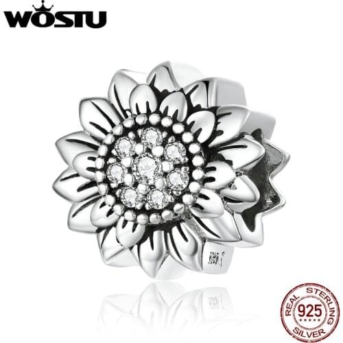 WOSTU Authentic 925 Sterling Silver Cubic Zircon Sunflower Charms Beads fit Women Bracelets Original Jewelry Making CQC1507