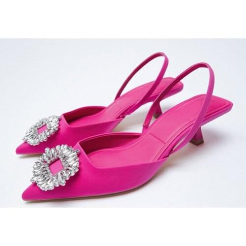 2021 New Brand Women Crystal Blue Red Sandals Fashion Buckle Slingback Sandals Thin Low Heel Ladies Elegant Female Pumps Shoes