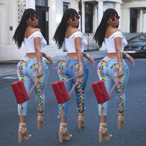 2021 Autumn Women Jeans Pants Bandage Colorful Hollow Out Ripped High Waist Summer Clothes For Women Outfit