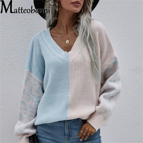 Fashion Leopard Patchwork Autumn Winter 2021 Ladies Knitted Sweater Pullovers Women V-Neck Long Sleeve Casual Loose Jumper Tops