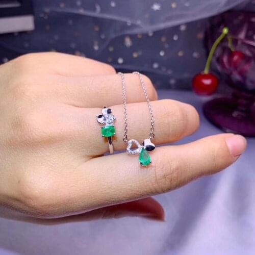 Fashion Lovely heart Flower Natural green emerald gem jewelry sets natural gemstone ring Pendant 925 silver women gift jewelry