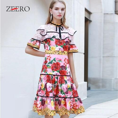 2020 Summer Women Rose Print Lace Patchwork Ruffles Dress Elegant Female Slim Lace Up Sexy Midi Party Dresses Vestidos Plus Size