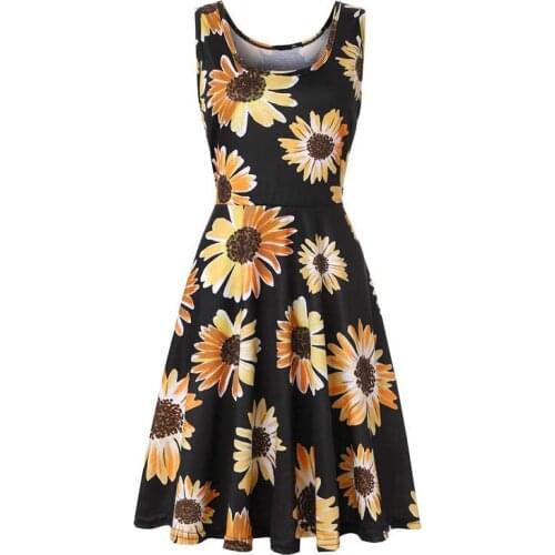 Summer Women Yellow Chrysanthemum Print O-Neck Sleeveless Camisole Pullover Knitting A-line Dress