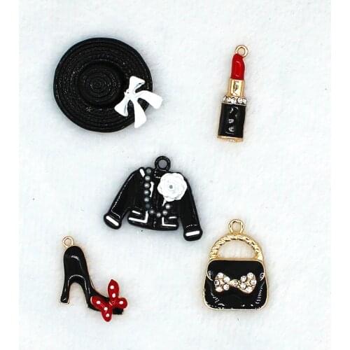 5pcs/lot black coat Enamel clothes Bag Lipstick Charm clothes gold color jewelry pendants bracelet DIY jewelry Accessories XL474