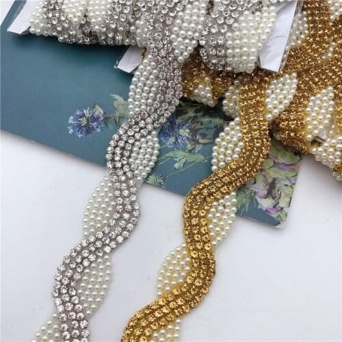 5yards Pearl Rhinestone Applique Crystal Diamante Trims Belt Iron on Bridal Wedding Dress belt
