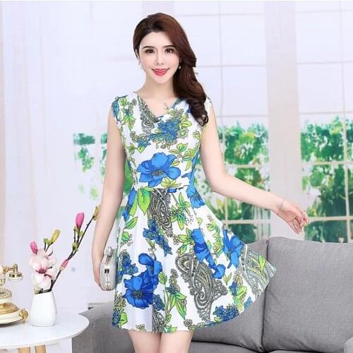 Free Shipping 2019 summer new mothers loaded cotton and cotton round neck long section printing dress