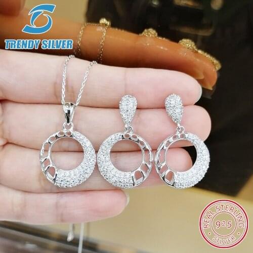 Complete pure 925 sterling silver zirconia clear CZ luxury jewelry set ring earrings for woman pendant necklace trendy design
